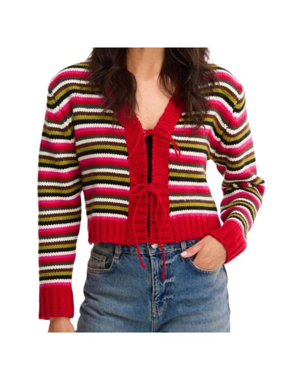 Allison New York Hailey Tie Cardigan in Red Multi Size Small New